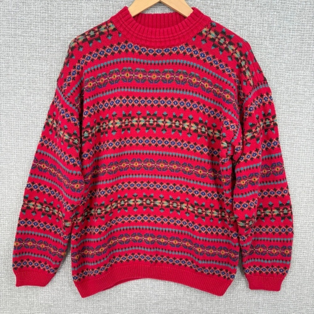 Vtg Eddie Bauer Fair Isle Sweater Mens M Red Nordic Cotton Knit Gorpcore